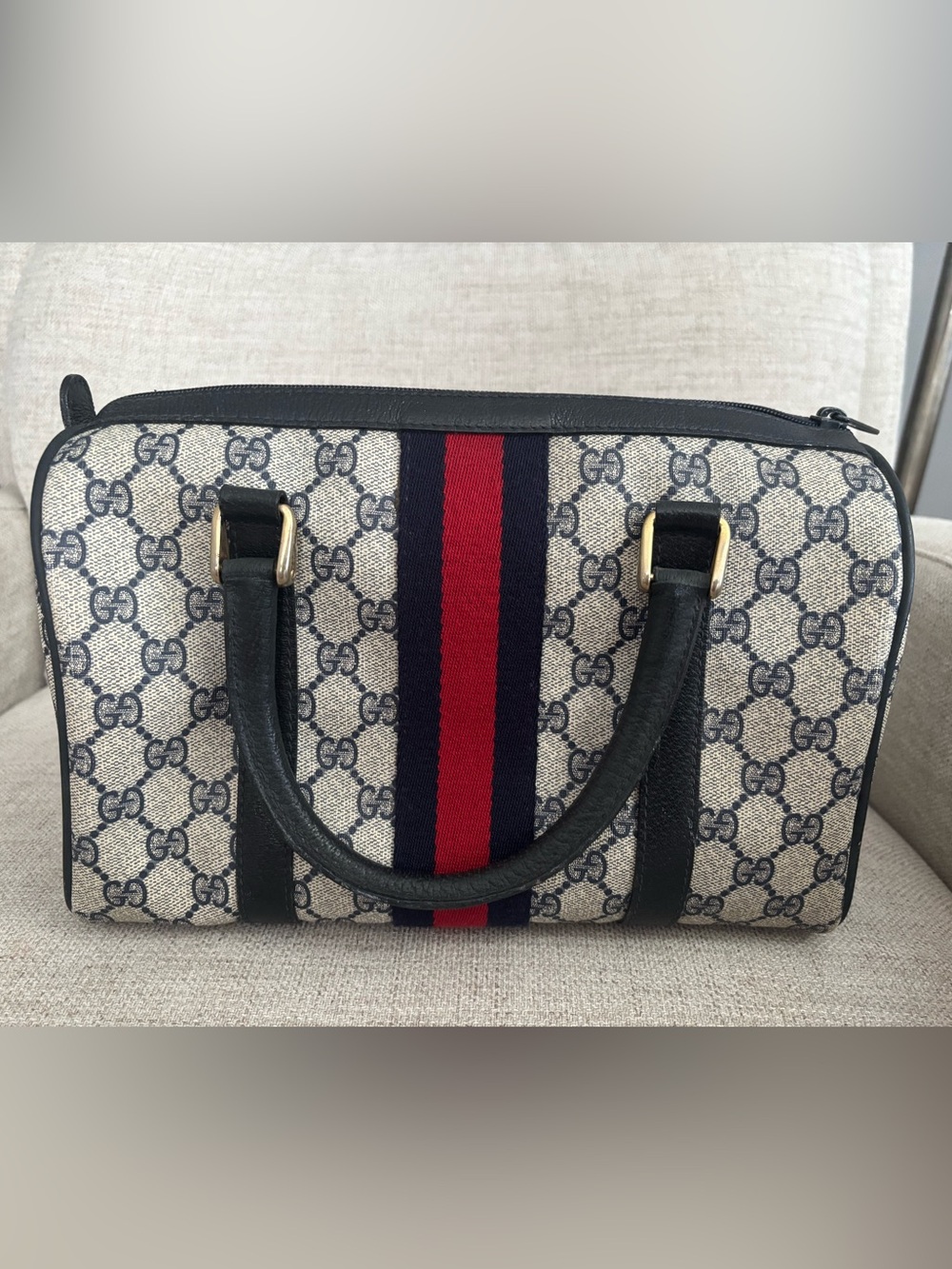 Gucci Beige GG Canvas Boston Bag with Sherry Line Navy - Picture 4 of 16